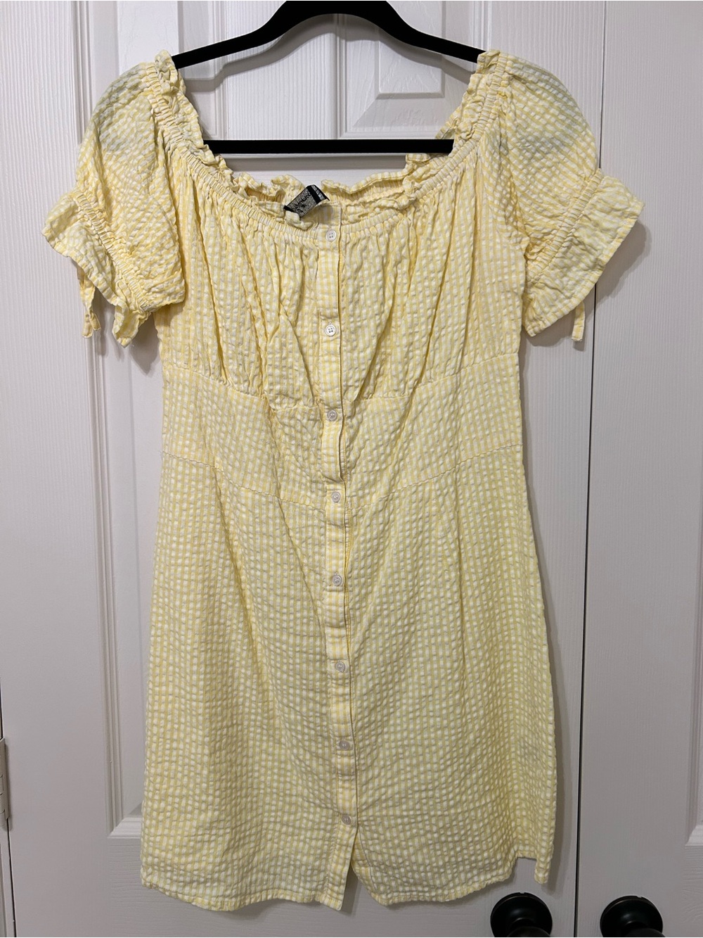 NEW influence off shoulder Yellow seersucker Button-Front Summer Dress feminine